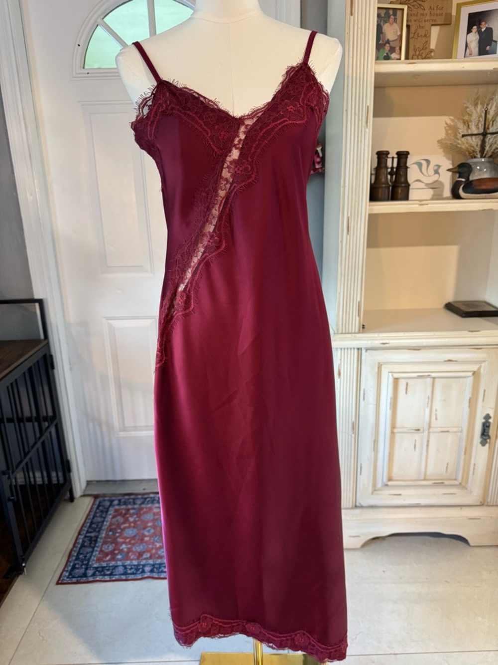 Lace-Trim Satin Slip Dress in Burgundy